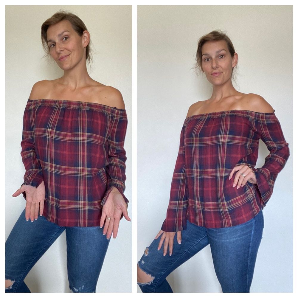 Anthropologie Cloth & Stone Top Plaid Off Shoulder Boho Party